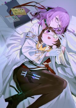 1girl absurdres ankle_boots armband black-framed_eyewear black_choker black_collar black_pantyhose book bookmark boots brown_hair character_doll choker closed_mouth coat collar doll eyepatch foot_out_of_frame glasses gloves hair_ribbon happy_birthday heaven_burns_red high_heels highres higuchi_seika hiiragi_kozue holding holster hugging_object id_card jacket kjhg1108 lab_coat lanyard long_hair long_sleeves looking_at_viewer lying medical_eyepatch necktie official_alternate_costume on_bed on_side open_clothes open_coat open_mouth pantyhose pink_hair purple_eyes purple_hair ribbon shirt skirt smile solo syringe test_tube thigh_holster thigh_strap vial white_coat white_gloves white_skirt