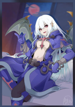 1girl :d bat_wings black_pantyhose boots bracelet breasts capelet center_opening cloud commentary cross dress duel_monster ear_piercing earrings elbow_gloves fang full_moon gloves hair_between_eyes highres index_finger_raised indoors jewelry knee_boots large_breasts long_hair looking_at_viewer mochi_curry moon multiple_bracelets navel night open_mouth pantyhose piercing pointy_ears purple_boots purple_capelet purple_dress purple_gloves red_eyes red_moon shadow sidelocks signature sitting smile solo stomach underboob vampire vampire_vamp white_hair wings yu-gi-oh!