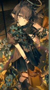 Rule 34 | 1girl, black dress, black gloves, black hair, blue eyes, blue flower, commentary, dress, dress flower, english commentary, fcjfior, flower, gloves, halo, high-waist dress, highres, holding, hololive, hololive english, liquid halo, looking at viewer, meconopsis (ninomae ina'nis), melting halo, ninomae ina'nis, official alternate costume, official alternate hair length, official alternate hairstyle, one eye closed, outdoors, pleated dress, pointy ears, puffy short sleeves, puffy sleeves, short hair, short sleeves, solo, standing, v, virtual youtuber