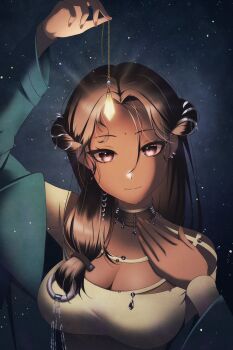 1girl arm_up bindi black_choker black_hair blue_coat breasts choker cleavage coat dark-skinned_female dark_skin facial_mark forehead_mark hair_ornament hands_up highres holding holding_pendulum kaalaa_baunaa large_breasts looking_at_viewer milmil7 pendulum purple_eyes reverse:1999 shirt solo star_(sky) starry_sky_background upper_body yellow_shirt