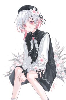 Rule 34 | 1girl, beret, black choker, black dress, black hat, brooch, cherry blossoms, chi bu92189, chinese commentary, choker, closed mouth, commentary request, dress, feet out of frame, floral background, flower, gradient hair, hair flower, hair ornament, hat, highres, invisible chair, jewelry, long sleeves, looking at viewer, mahou shoujo no majo saiban, multicolored hair, neck ribbon, o-ring, o-ring thigh strap, own hands together, pink eyes, pink hair, ribbon, sakuraba ema, short hair, sitting, smile, solo, thigh strap, white background, white flower, white hair, white ribbon, x hair ornament