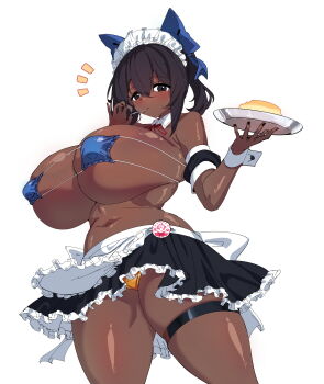 1girl absurdres apron armpit_crease bikini black_eyes black_hair black_nails black_skirt blue_bikini blush borrowed_character breasts commentary cowboy_shot curvy dark-skinned_female dark_skin detached_collar double-parted_bangs english_commentary eyepatch_bikini food frilled_skirt frills hair_between_eyes highres holding holding_tray huge_breasts looking_at_viewer maid navel notice_lines original panties panty_peek pudding rayno short_hair simple_background skirt solo swimsuit thick_thighs thigh_strap thighs tray unconventional_maid underwear waist_apron white_apron white_background white_wrist_cuffs wrist_cuffs yellow_panties