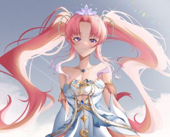 Rule 34 | 1girl, absurdres, airani iofifteen, airani iofifteen (sci-fi princess), bare shoulders, breasts, cleavage, clothing cutout, commentary, curtained hair, cutout above navel, demise (official makuu), dress, elbow gloves, english commentary, expressionless, floating headgear, frown, gloves, gold necklace, gradient hair, headgear, highres, hololive, hololive indonesia, jewelry, layered dress, long hair, long sidelocks, medium breasts, multicolored hair, necklace, official alternate costume, official alternate hairstyle, parted bangs, pink hair, purple eyes, raised eyebrows, sidelighting, sidelocks, sky, solo, star (symbol), star necklace, strapless, strapless dress, tiara, twintails, upper body, very long hair, virtual youtuber, white dress, white gloves