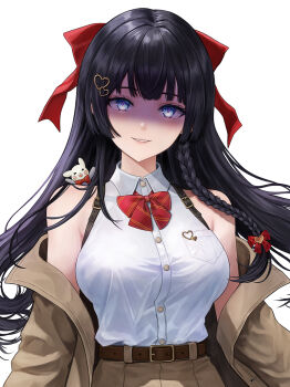 1girl belt belt_buckle black_hair blue_eyes bow bowtie braid breast_pocket breasts brown_belt brown_jacket brown_skirt buckle choppy_bangs collared_shirt commentary_request cowboy_shot diagonal-striped_bow diagonal-striped_bowtie diagonal-striped_clothes eruthu haedungi_(shirayuki_hina) hair_bow hair_ornament heart heart_hair_ornament highres jacket jacket_partially_removed korean_commentary large_breasts long_hair parted_lips pocket red_bow red_bowtie shaded_face shirayuki_hina shirt simple_background skirt smile solo stellive striped_bow striped_bowtie striped_clothes virtual_youtuber white_background white_shirt wing_collar