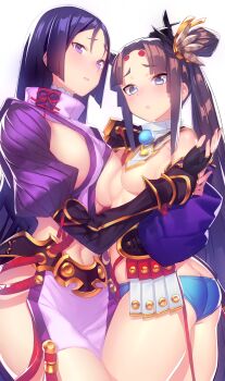 2girls armor ass asymmetrical_docking bad_id bad_twitter_id black_gloves black_hair blue_eyes blue_panties breast_press breasts contrapposto cowboy_shot fate/grand_order fate_(series) fingerless_gloves from_side gloves highres holding_another's_wrist japanese_armor kanjy00u kusazuri large_breasts long_hair looking_at_viewer medium_breasts minamoto_no_raikou_(fate) minamoto_no_raikou_(first_ascension)_(fate) multiple_girls navel panties parted_bangs pom_pom_(clothes) ponytail purple_eyes purple_hair revealing_clothes shoulder_armor sideboob simple_background sode standing turtleneck underwear ushiwakamaru_(fate) ushiwakamaru_(second_ascension)_(fate) white_background