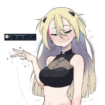 1girl blonde_hair blush breasts collared_halterneck crop_top hair_between_eyes hair_ornament hairclip highres long_hair looking_at_viewer medium_breasts multicolored_hair phase_connect pussy_juice rinkou_ashelia rinkou_ashelia_(lia_1.0) sexually_suggestive smile solo sweat tweet twitter twitter_screenshot virtual_youtuber white_background zlix0n