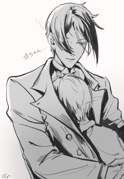 2boys butler ciel_phantomhive collared_shirt double-parted_bangs hug jacket male_focus monochrome multiple_boys sebastian_michaelis shirt suit_jacket szyoko0526 vest