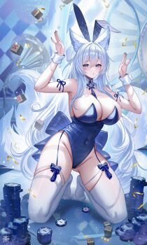 1girl absurdres animal_ears arm_strap arms_up azur_lane bare_shoulders blue_eyes blue_leotard blue_nails blush breasts covered_navel dice fake_animal_ears fox_ears fox_girl fox_tail full_body highleg highleg_leotard highres kneeling large_breasts leotard long_hair mole mole_under_eye multiple_tails nail_polish official_alternate_costume parted_lips playboy_bunny poker_chip rabbit_ears rabbit_pose shinano_(azur_lane) shinano_(visions_of_fantasy)_(azur_lane) solo tail tansuan_(ensj3875) thighhighs thighs white_hair white_thighhighs wrist_cuffs