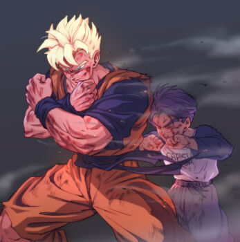 2boys aged_down blocking blonde_hair blood blood_on_face blue_shirt boriroba capsule_corp closed_eyes commentary_request cowboy_shot dirty dirty_clothes dougi dragon_ball dragonball_z floating_clothes floating_hair glowing glowing_hair green_eyes grey_background grey_pants looking_ahead male_focus multiple_boys muscular muscular_male orange_dougi pants protecting purple_hair raglan_sleeves shirt shirt_tucked_in short_hair smoke son_gohan son_gohan_(future) spiked_hair super_saiyan sweatband sweatpants teacher_and_student torn_clothes trunks_(dragon_ball) trunks_(future)_(dragon_ball)