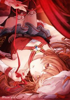 1girl animal_ears bed breasts brown_hair commentary_request curtains fingernails hair_between_eyes horse_ears horse_tail kitsune_yuki looking_at_viewer petals red_eyes small_breasts solo still_in_love_(scarlet_vow_raiment)_(umamusume) still_in_love_(umamusume) tail thighhighs twitter_username umamusume veil