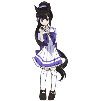Rule 34 | 1girl, animal ears, black hair, blue archive, crossover, full body, hair ornament, hair scrunchie, highres, horse ears, horse girl, horse tail, long hair, looking at viewer, ponytail, purple scrunchie, school uniform, scrunchie, self-upload, simple background, skirt, solo, standing, sumire (blue archive), tail, tracen school uniform, umamusume, white background