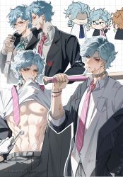 Rule 34 | 4boys, abs, absurdres, anger vein, aqua gemstone, aqua ribbon, arm around shoulder, arrow (symbol), artist name, averting eyes, bandaid, bandaid on cheek, bandaid on face, bandaid on neck, bandaid on stomach, baseball bat, belt, black jacket, black necktie, blue hair, blue shirt, bracelet, breast pocket, brooch, candy, chibi, chinese commentary, clothes lift, collared shirt, commentary request, cotton ball, cup, diagonal-striped clothes, diagonal-striped necktie, disposable cup, dottore (genshin impact), drinking straw, ear piercing, earrings, fangs, food, food in mouth, gem, genshin impact, glasses, gloves, grey belt, grey pants, grey sweater vest, grid background, grin, hand in pocket, hand up, highres, holding, holding baseball bat, holding cup, holding tweezers, jacket, jewelry, lapels, lifted by self, lofter username, lollipop, long sleeves, looking at another, looking at viewer, male focus, mojiuxuan, mouth hold, multiple boys, multiple views, navel, neck ribbon, necktie, necktie over shoulder, nipples, off shoulder, open clothes, open jacket, orange hair, pants, parted bangs, parted lips, pectorals, piercing, pink necktie, pocket, red eyes, ribbon, ring, round eyewear, school uniform, scratches, serious, shaded face, sharp teeth, shirt, shirt lift, short hair, simple background, single earring, smile, squiggle, stomach, striped clothes, sweater vest, tartaglia (genshin impact), teeth, turn pale, turning head, tweezers, untucked shirt, v-shaped eyebrows, white background, white gloves, white shirt, wing collar