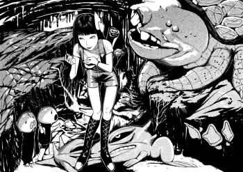 Rule 34 | 1girl, bad id, bad pixiv id, black hair, boots, breasts, cave, fantasy, female focus, greyscale, knee boots, long hair, monochrome, monster, original, otorih, plant, ribbon, rock, shorts, solo, teeth