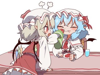 2girls bat_wings blue_hair closed_eyes colored_eyelashes crystal_wings flandre_scarlet fork handkerchief hashtag-only_commentary hat hat_ribbon highres holding holding_fork magg_(user_mtca8588) medium_hair mob_cap multiple_girls neckerchief open_mouth pointy_ears puff_of_air red_eyes red_neckerchief red_ribbon red_skirt red_vest remilia_scarlet ribbon shirt siblings sisters skirt skirt_set table touhou v-shaped_eyebrows vest white_background white_shirt wings wiping_mouth