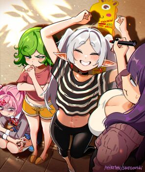 4girls absurdres arms_up black_choker blue_skirt breasts choker collarbone commentary crossover curly_hair doki_doki_literature_club downblouse drawstring earrings elf english_commentary fern_(sousou_no_frieren) frieren green_eyes green_hair grin hair_intakes hair_ornament hairclip heart height_mark highres holding jealous jewelry large_breasts long_hair looking_at_breasts looking_down medium_hair multiple_crossover multiple_girls nail_polish natsuki_(doki_doki_literature_club) navel neck_ribbon one-punch_man parted_bangs patreon_username pink_hair pointy_ears pout purple_hair ribbon shaded_face shirt short_shorts short_sleeves shorts skirt slippers smile snegovski sousou_no_frieren squatting standing striped_clothes striped_shirt tatsumaki thick_eyebrows twintails v-shaped_eyebrows yellow_shorts