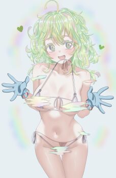 1girl ahoge bare_shoulders bikini blue_gloves blush boku_no_hero_academia breasts cleavage gloves green_eyes green_hair hagakure_toru highres invisible kenja_panda large_breasts long_hair looking_at_viewer messy_hair micro_bikini multicolored_hair navel open_mouth partially_invisible pink_hair see-through_body side-tie_bikini_bottom smile solo stomach swimsuit thick_eyelashes white_bikini