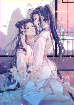 2boys ahoge alternate_costume amana_raika barefoot bishounen black_eyes black_hair blurry blurry_foreground cherry_blossoms chinese_clothes chromatic_aberration closed_mouth couple dated eye_contact falling_petals flower hair_flower hair_ornament hair_ribbon hand_in_another&#039;s_hair hand_on_another&#039;s_back hand_on_another&#039;s_chin hands_on_another&#039;s_hips hanfu headband high_ponytail highres indoors lan_wangji lattice long_hair long_sleeves looking_at_another male_focus modao_zushi multiple_boys petals pink_flower pink_sash ponytail profile red_ribbon ribbon robe sash sidelocks sitting sitting_on_lap sitting_on_person smile straddling tatami topknot twitter_username very_long_hair wei_wuxian white_hanfu white_headband wide_sleeves window yaoi yellow_eyes
