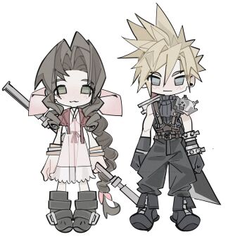 1boy 1girl :3 aerith_gainsborough armor armored_gloves baggy_pants bangle black_boots black_choker black_gloves black_pants black_shirt blonde_hair blue_eyes boots bracelet braid braided_ponytail brown_boots brown_hair buster_sword chibi chibi_only choker cloud_strife cropped_jacket dress earrings final_fantasy final_fantasy_vii final_fantasy_vii_remake full_body gloves green_eyes hair_between_eyes hair_ribbon highres holding holding_staff jacket jewelry lentymet light_blush light_smile long_dress long_hair looking_at_viewer pants parted_bangs pauldrons pink_dress pink_ribbon red_jacket ribbon shirt short_hair short_sleeves shoulder_armor sidelocks single_bare_shoulder single_braid single_earring single_pauldron sleeveless sleeveless_shirt spiked_hair staff standing suspenders sword sword_on_back weapon weapon_on_back white_background