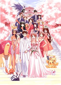 4boys 6+girls ^_^ absurdres aged_up ahoge akamatsu_ken animal animal_on_head antenna_hair aoyama_motoko aoyama_tsuruko arms_behind_head bare_arms bare_legs bare_shoulders bell bird bird_on_head black_hair blonde_hair blue_eyes blush_stickers bouquet bridal_veil bridesmaid broad_shoulders brown_hair cat chameleon cherry_blossoms china_dress chinese_clothes closed_eyes cloud coke-bottle_glasses couple crossed_arms dark-skinned_female dark_skin dog dot_nose dress elbow_gloves everyone closed_eyes facing_viewer falling_petals floating flower full_body glasses gloves grin groom group_picture haitani_masayuki hand_on_own_hip happy hayate_(love_hina) hetero highres jingle_bell kaolla_su knees_together_feet_apart konno_mitsune kuro_(love_hina) liddo_kun long_hair looking_over_eyewear love_hina maeda_ema maehara_shinobu multiple_boys multiple_girls narusegawa_naru necktie nyamo_namo official_art on_head one_eye_closed otohime_mutsumi outdoors petals pigeon-toed pink_dress pink_gloves pink_wedding_dress red_dress round_eyewear sarah_mcdougal seta_noriyasu shippuu_(love_hina) shirai_kimiaki short_dress short_hair short_sleeves siblings sisters sky sleeveless sleeveless_dress smile socks stairs standing strapless strapless_dress stuffed_animal stuffed_cat stuffed_toy tail tail_bell tail_ornament tama_(love_hina) tortoise train_(clothing) tree turtle twintails urashima_haruka urashima_kanako urashima_keitarou veil very_long_hair waving wedding wedding_dress white_footwear white_gloves
