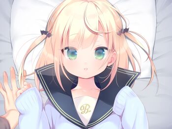 1boy 1girl bat_hair_ornament black_sailor_collar blonde_hair blue_sweater collarbone game_cg green_eyes hair_ornament hands_up large_variant_set long_sleeves looking_at_viewer lying mainichi_kiss_shite_lolita mihato_(mainichi_kiss_shite_lolita) non-web_source on_back on_bed parted_lips pillow piyodera_mucha portrait pov pov_hands sailor_collar school_uniform serafuku short_hair sleeves_past_wrists solo_focus sweater two_side_up variant_set