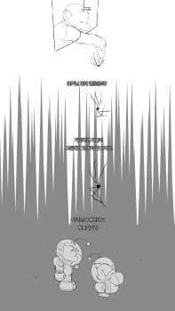 2boys absurdres backpack bag bare_arms big_nose bug casual closed_eyes collared_shirt cracked_helmet dropping face-to-face faceless faceless_male from_behind gloves greyscale handkerchief helmet highres holding holding_handkerchief korean_text louie_(pikmin) male_focus monochrome multiple_boys nintendo olimar pikmin_(series) pikmin_2 pointy_ears sequential shirt short_hair short_sleeves sitting space_helmet spacesuit spider standing translation_request very_short_hair whistle window yu_pikmin