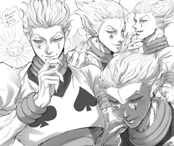 1boy closed_mouth commentary_request eyelashes facial_mark fingernails greyscale hand_on_own_chin heart highres hisoka_morow hunter_x_hunter looking_at_viewer male_focus monochrome multiple_views riperipe_apple sharp_fingernails short_hair simple_background star_(symbol) star_facial_mark teardrop_facial_mark tongue tongue_out translation_request white_background