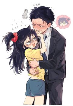 1boy 1girl anger_vein black_hair black_jacket black_pants blue_necktie blue_shorts blush brother_and_sister business_suit commentary_request dot_nose flying_sweatdrops formal_clothes gloom_(expression) green_eyes hair_between_eyes hands_on_another's_face highres hug imagining jacket kuroki_tomoki kuroki_tomoko long_hair looking_at_another messy_hair necktie nervous_smile nuka_(nukamochi) pants red_scrunchie scrunchie shirt short_hair short_sleeves shorts siblings side_ponytail smile speech_bubble suit sweat thighs thought_bubble trembling v-shaped_eyebrows watashi_ga_motenai_no_wa_dou_kangaetemo_omaera_ga_warui! white_background white_shirt yellow_shirt