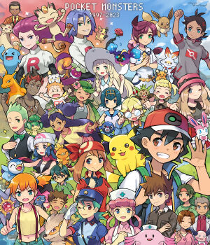 Rule 34 | 6+boys, 6+girls, arcanine, ash ketchum, axew, backpack, bag, black hair, black vest, blonde hair, blue eyes, blue hair, blush, bonnie (pokemon), bounsweet, bow, bowtie, brock (pokemon), brown hair, chansey, charizard, chespin, chloe (pokemon), cilan (pokemon), clemont (pokemon), closed eyes, collared shirt, copyright name, cosmog, croagunk, dawn (pokemon), dedenne, delia ketchum, eevee, flower, gary oak, gen 1 pokemon, gen 2 pokemon, gen 3 pokemon, gen 4 pokemon, gen 5 pokemon, gen 6 pokemon, gen 7 pokemon, gen 8 pokemon, giovanni (pokemon), glasses, gloves, goh (pokemon), green bow, green bowtie, green eyes, green hair, grey eyes, grey hair, hat, heart, highres, holding, holding flower, iris (pokemon), james (pokemon), jenny (pokemon), jessie (pokemon), joy (pokemon), kiawe (pokemon), kurarin, lab coat, lana (pokemon), legendary pokemon, lillie (pokemon), mallow (pokemon), max (pokemon), may (pokemon), meowth, misty (pokemon), morpeko, morpeko (full), mr. mime, multiple boys, multiple girls, navel, necktie, nintendo, nurse cap, one eye closed, open mouth, orange hair, pansage, persian (pokemon), pikachu, pink flower, pink hair, pink scarf, piplup, pokemon, pokemon (anime), pokemon (classic anime), pokemon (creature), pokemon bw (anime), pokemon dppt (anime), pokemon journeys, pokemon rse (anime), pokemon sm (anime), pokemon xy (anime), popplio, red flower, red hair, red necktie, red rose, rose, scarf, scorbunny, serena (pokemon), shirt, smile, sophocles (pokemon), starmie, suspenders, sylveon, team rocket, team rocket uniform, togedemaru, torchic, tracey sketchit, vest, white gloves, wobbuffet