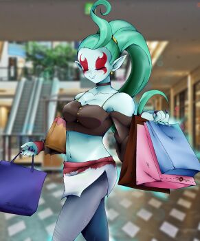 Rule 34 | 1girl, absurdres, alternate costume, bag, bare shoulders, blue skin, blurry, blurry background, breasts, casual, cleavage, closed eyes, colored skin, demon girl, dragon ball, dragon ball heroes, flatpancakesjim, green hair, highres, holding, holding bag, jewelry, long hair, long sleeves, medium breasts, miniskirt, nail polish, ponytail, purple nail polish, purple nails, putine (dragon ball), self-upload, shopping bag, skirt, smile, solo, super dragon ball heroes, walking