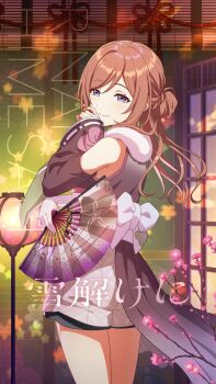 1girl blue_eyes brown_hair detached_sleeves english_text flower fur_trim gakuen_idolmaster game_cg gloves hand_fan highres himesaki_rinami holding idolmaster japanese_text lamp official_art single_glove smile solo yukidoke_ni_(idolmaster)
