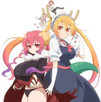 4girls black_panties blue_eyes blunt_bangs breasts claws closed_mouth crossed_arms dragon_tail gloves gradient_hair half-closed_eyes horns huge_breasts ilulu_(maidragon) kanna_kamui key_visual kobayashi-san_chi_no_maidragon kobayashi_(maidragon) large_breasts large_tail long_hair looking_at_viewer maid maid_headdress mini_person minigirl multicolored_hair multiple_girls official_art orange_hair panties pants pointy_ears promotional_art red_eyes red_hair shirt shortstack slit_pupils smile tail tohru_(maidragon) transparent_background underwear very_long_hair white_gloves white_hair