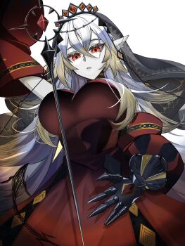 1girl black_tiara black_veil blazing_cartesia_the_virtuous breasts commentary_request detached_sleeves dress duel_monster ecclesia_(yu-gi-oh!) gauntlets gem hair_between_eyes hair_ornament highres large_breasts long_hair long_sleeves looking_at_viewer parted_lips pointy_ears red_dress red_eyes red_gemstone sira_tise sleeveless sleeveless_dress solo sword tiara veil very_long_hair weapon white_hair yu-gi-oh!