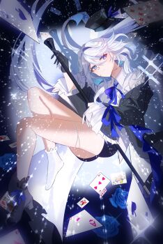 Rule 34 | 1girl, absurdres, ace (playing card), alternate costume, card, drop-shaped pupils, esticss, eyelash ornament, furina (genshin impact), genshin impact, heterochromia, highres, holding, joker (playing card), king (playing card), mismatched pupils, multicolored hair, playing card, solo, streaked hair, symbol-shaped pupils, thighs, white hair