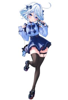 Rule 34 | 1girl, :o, absurdres, ahoge, bag, black shoes, black thighhighs, blue bow, blue bowtie, blue choker, blue eyes, blue hair, blue shirt, blue skirt, blue streaks, blush, bow, bowtie, cellphone, cellphone charm, center-flap bangs, charm (object), choker, clothing cutout, collared shirt, colored inner hair, commentary request, drop-shaped pupils, frilled shirt, frilled skirt, frilled straps, frilled suspenders, frills, furina (genshin impact), genshin impact, hair bow, hair intakes, hair ornament, handbag, head tilt, high-waist skirt, high heels, highres, holding, holding phone, ineka ka, jirai kei, layered skirt, legwear garter, long sleeves, looking at viewer, miniskirt, mismatched pupils, multicolored hair, open mouth, phone, platform heels, platform shoes, raised inner eyebrows, shell, shell hair ornament, shirt, shoes, short hair, shoulder cutout, simple background, single legwear garter, skindentation, skirt, smartphone, solo, standing, standing on one leg, streaked hair, suspender skirt, suspenders, symbol-shaped pupils, thick thighs, thigh strap, thighhighs, thighs, w arms, white background, white hair