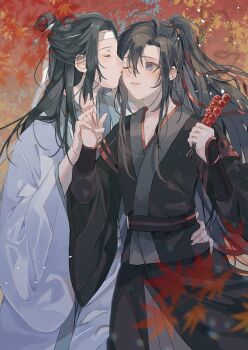 2boys ahoge amana_raika autumn_leaves bishounen black_hair black_hanfu black_sash blurry blurry_foreground blush chinese_clothes closed_eyes closed_mouth couple food hair_ribbon hand_on_another&#039;s_waist hand_up hanfu headband high_ponytail highres holding holding_food holding_hands interlocked_fingers kiss kissing_cheek lan_wangji leaf light_particles long_hair long_sleeves looking_at_another male_focus maple_leaf modao_zushi multiple_boys one_eye_closed outdoors parted_lips ponytail purple_eyes red_ribbon red_sash ribbon robe sash sidelocks smile standing tanghulu topknot tree wei_wuxian white_hanfu white_headband wide_sleeves xiao_guan_(headdress) yaoi
