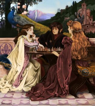 1boy 2girls absurdres bird black_tunic board_game brown_hair castle chess closed_mouth commentary english_commentary fine_art_parody highres link multiple_girls nintendo outdoors parody peacock pillow playing_games pointy_ears princess_zelda signature statue table the_chess_players_(jacques-clement_wagrez) the_legend_of_zelda the_legend_of_zelda_(nes) tunic yasmeen zelda_ii:_the_adventure_of_link