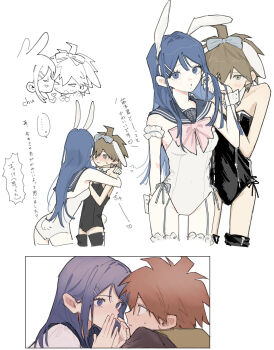1boy 1girl ahoge alternate_costume animal_ears bare_arms bare_shoulders black_leotard black_sailor_collar black_thighhighs blue_eyes blue_hair bow bowtie brown_hair cropped_legs danganronpa:_trigger_happy_havoc danganronpa_(series) eye_contact garter_straps hair_bow hair_ornament hairclip hetero highres hug kiss kissing_cheek leotard long_hair looking_at_another maizono_sayaka multiple_views naegi_makoto pink_bow pink_bowtie playboy_bunny profile rabbit_ears rabbit_tail sailor_collar seailand shirt short_hair simple_background tail thighhighs translation_request white_background white_leotard white_shirt wrist_cuffs