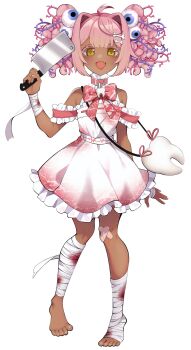 1girl absurdres ahoge bag bandaged_arm bandaged_leg bandages bandaid bandaid_on_knee bandaid_on_leg barefoot blood bone_hair_ornament bow cami_arriaga_c cleaver collar commentary commission crossed_bandaids dark-skinned_female dark_skin dress english_commentary eyeball_hair_ornament fang flat_chest flower frilled_dress frills full_body gurokawa hair_intakes hair_ornament highres holding holding_cleaver holding_weapon meaty-chan non-web_source official_art open_mouth outline pink_bow pink_collar pink_hair simple_background skin_fang solo standing tachi-e tooth transparent_background twintails utau weapon white_bag white_dress white_outline yellow_eyes