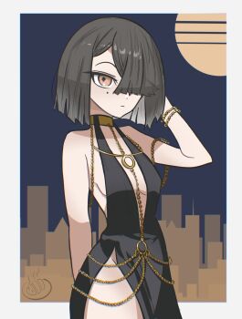 1girl absurdres arm_behind_back black_dress black_hair breasts brown_eyes center_opening chain dress expressionless fate/grand_order fate_(series) gold_chain hair_over_one_eye highres looking_at_viewer medium_hair modakawa_dress mole mole_under_eye side_slit solo standing tasty_tonkatsu xu_fu_(fate)