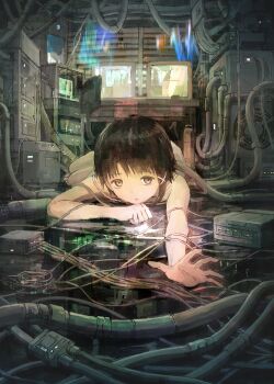 1girl asymmetrical_bangs asymmetrical_hair brown_eyes brown_hair cable chair commentary computer crt cyberpunk desk entangled highres indoors iwakura_lain looking_at_viewer lying machinery monitor office_chair on_stomach outstretched_arm outstretched_hand serial_experiments_lain short_hair solo swivel_chair tokunaga_akimasa twitter_username