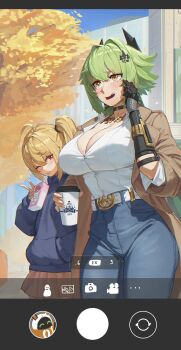2girls alternate_costume belt black_choker blonde_hair blue_pants blue_sweater blush breasts brown_coat brown_skirt caesar_king_(zenless_zone_zero) choker cleavage coat contemporary cup day disposable_coffee_cup disposable_cup drinking drinking_straw drinking_straw_in_mouth fake_phone_screenshot fake_screenshot green_hair highres large_breasts luciana_de_montefio multiple_girls one_eye_closed outdoors pants prosthesis prosthetic_arm red_eyes roro_(tpghksdlzpq) shirt side_ponytail skirt strawberry_milk sweatdrop sweater white_belt white_shirt yellow_eyes zenless_zone_zero
