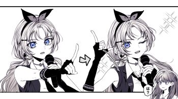 2girls 596_(_gokuraku_joudo) ;d bow_hairband choker collarbone collared_shirt commentary_request curtained_hair dancing elbow_gloves fingerless_gloves fujishima_megumi gloves greyscale hair_ornament hairband highres holding holding_microphone i_do_me!_(love_live!) index_finger_raised link!_like!_love_live! long_hair looking_at_viewer love_live! low_twintails microphone monochrome motion_lines multiple_girls multiple_views necktie official_alternate_costume one_eye_closed open_collar open_mouth osawa_rurino parted_bangs purple_eyes sequential shirt simple_background sleeveless sleeveless_jacket smile sparkle speech_bubble speed_lines spot_color teeth translation_request twintails two_side_up virtual_youtuber white_background x_hair_ornament