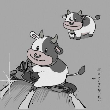 akira_slide animal_ears bell cow cow_ears cow_horns cow_tail cowbell diffraction_spikes face_piercing grey_background greyscale highres horns looking_at_viewer looking_to_the_side mario_(series) mario_kart mario_kart_world monochrome moo_moo_(mario) nintendo nose_piercing nose_ring ohayo_0606 piercing smile tail translation_request udder