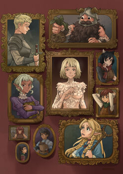 absurdres ambrosia_(dungeon_meshi) armor beard blue_capelet blue_robe capelet chilchuck_tims dungeon_meshi dwarf elf facial_hair fake_horns falin_touden halfling helmet highres horned_helmet horns izutsumi kabru kensuke_(dungeon_meshi) laios_touden leather_armor long_beard marcille_donato namari_(dungeon_meshi) nemophila_(artist) picture_frame pointy_ears robe senshi_(dungeon_meshi) shurou thistle_(dungeon_meshi)