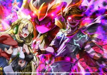 1girl 2boys black_hair blonde_hair cynthia_(arc_suit)_(pokemon) cynthia_(pokemon) galaxy_expedition_team_survey_corps_uniform gen_4_pokemon giratina giratina_(origin) glowing glowing_eyes hair_over_one_eye hat highres holding holding_poke_ball legendary_pokemon misterror multiple_boys nintendo open_mouth poke_ball pokemon pokemon_(creature) pokemon_legends:_arceus pokemon_masters_ex red_hat rei_(pokemon) volo_(pokemon)