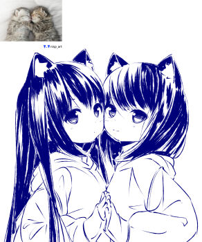 2girls absurdres animal_ears artist_logo artist_name blush cat cat_girl cheek-to-cheek closed_mouth commentary hand_up heads_together highres hood hood_down hoodie logo long_hair long_sleeves looking_at_viewer medium_hair multiple_girls nisp_art original palms_together personification photo_inset reference_inset simple_background sleeves_past_wrists smile split_mouth upper_body white_background