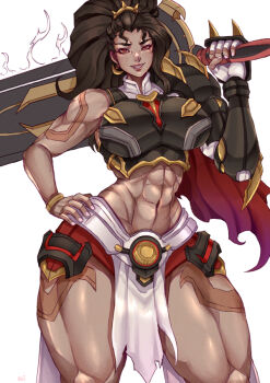 1girl abs bare_shoulders black_hair blush breasts brown_hair closed_mouth earrings hair_ornament jewelry kachima large_breasts long_hair looking_at_viewer muscular muscular_female navel overwatch ponytail red_eyes shorts simple_background solo thighs vendetta_(overwatch)