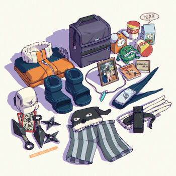 alarm_clock artist_name bag black_boots black_hat book boots chinese_text clock dated drink_carton equipment_layout grey_male_underwear handbag haruno_sakura hat hatake_kakashi highres instant_cup_noodles instant_noodles iwse_zhang jacket japanese_text jewelry kunai male_underwear milk_carton mixed-language_text naruto_(classic) naruto_(series) necklace no_humans ofuda open-toe_boots orange_jacket photo_(object) picture_frame pouch shuriken signature speech_bubble still_life striped_male_swimwear translation_request uchiha_sasuke underwear unworn_boots unworn_hat unworn_headband unworn_headwear unworn_jacket unworn_jewelry unworn_male_underwear unworn_necklace uzumaki_naruto weapon white_background zipper zipper_pull_tab
