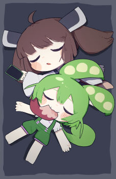 2girls :3 ahoge animal_ears barefoot blue_background blush_stickers brown_hair chibi chibi_only closed_eyes closed_mouth commentary_request double-parted_bangs eating edamame green_hair green_shorts headgear highres japanese_clothes kimono konohoshi long_hair long_sleeves lying multiple_girls on_back open_mouth shirt short_hair short_sleeves shorts simple_background suspender_shorts suspenders touhoku_kiritan twintails voiceroid voicevox white_kimono white_shirt wide_sleeves zundamon
