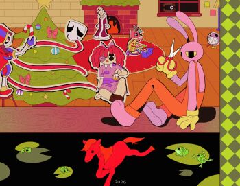 2026 animal animal_ears animal_feet barefoot box bubble_(the_amazing_digital_circus) caine_(the_amazing_digital_circus) carpet christmas christmas_tree coat colored_sclera colored_skin commentary dentures dress english_commentary everyone expressionless frog fur-trimmed_coat fur_trim furnace gangle_(the_amazing_digital_circus) half-closed_eyes hat hat_bell highres holding holding_scissors horse jax_(the_amazing_digital_circus) jester jester_cap kinger_(the_amazing_digital_circus) lamp lily_pad mask multicolored_shorts no_mouth no_nose orange_overalls outline overalls pomni_(the_amazing_digital_circus) puffy_short_sleeves puffy_sleeves purple_coat purple_dress purple_skin rabbit_boy rabbit_ears ragatha_(the_amazing_digital_circus) red_carpet red_hair red_ribbon red_shirt red_shoes ribbon scissors shirt shoes short_sleeves shorts sitting sticker striped_clothes striped_headwear striped_shorts surreal taffimaya the_amazing_digital_circus vertical-striped_clothes vertical-striped_hat vertical-striped_headwear vertical-striped_shorts white_outline white_skin window wooden_floor yellow_sclera zooble_(the_amazing_digital_circus)